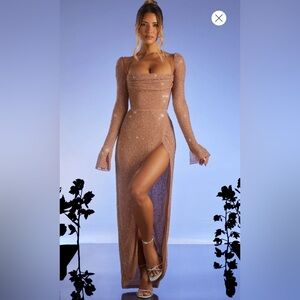 Oh Polly CHAMPEL Embellished Cowl Neck Maxi Dress in Nude